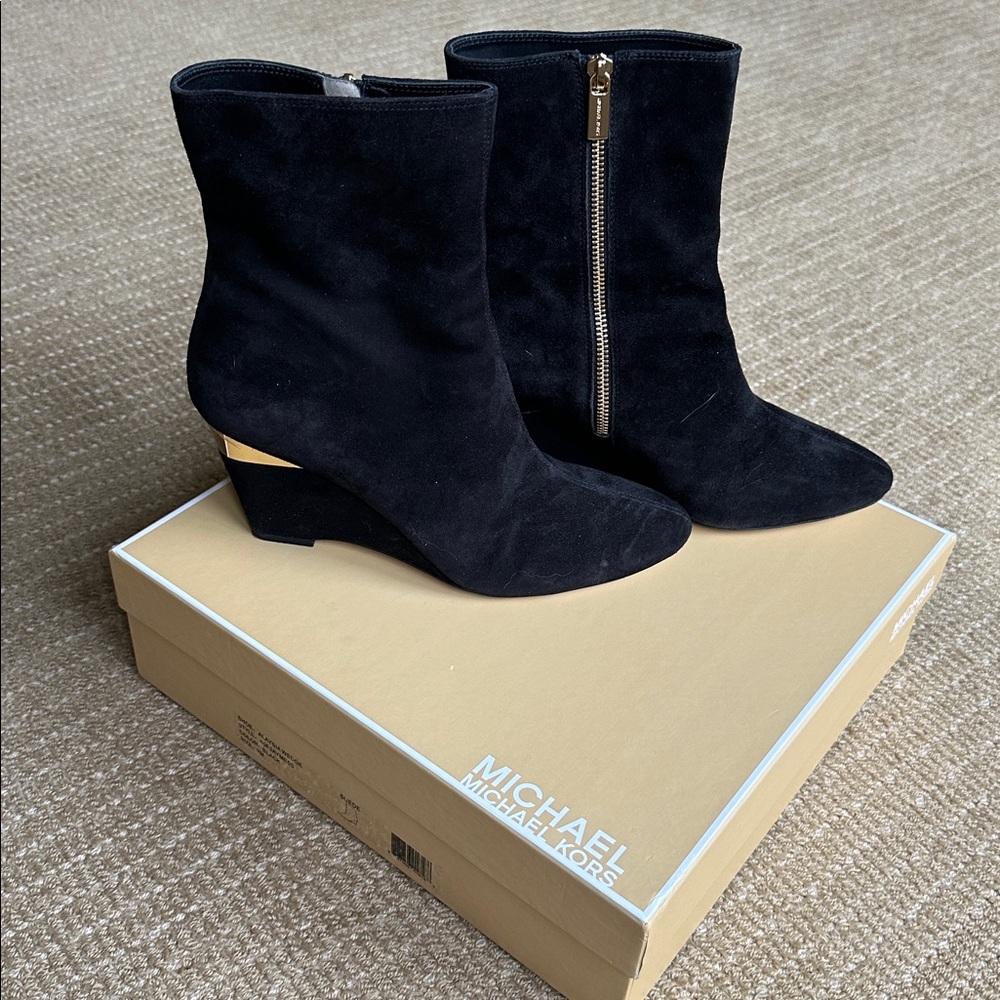 Michael Kors Alaysia Wedge Black Suede Boots with Gold Zipper